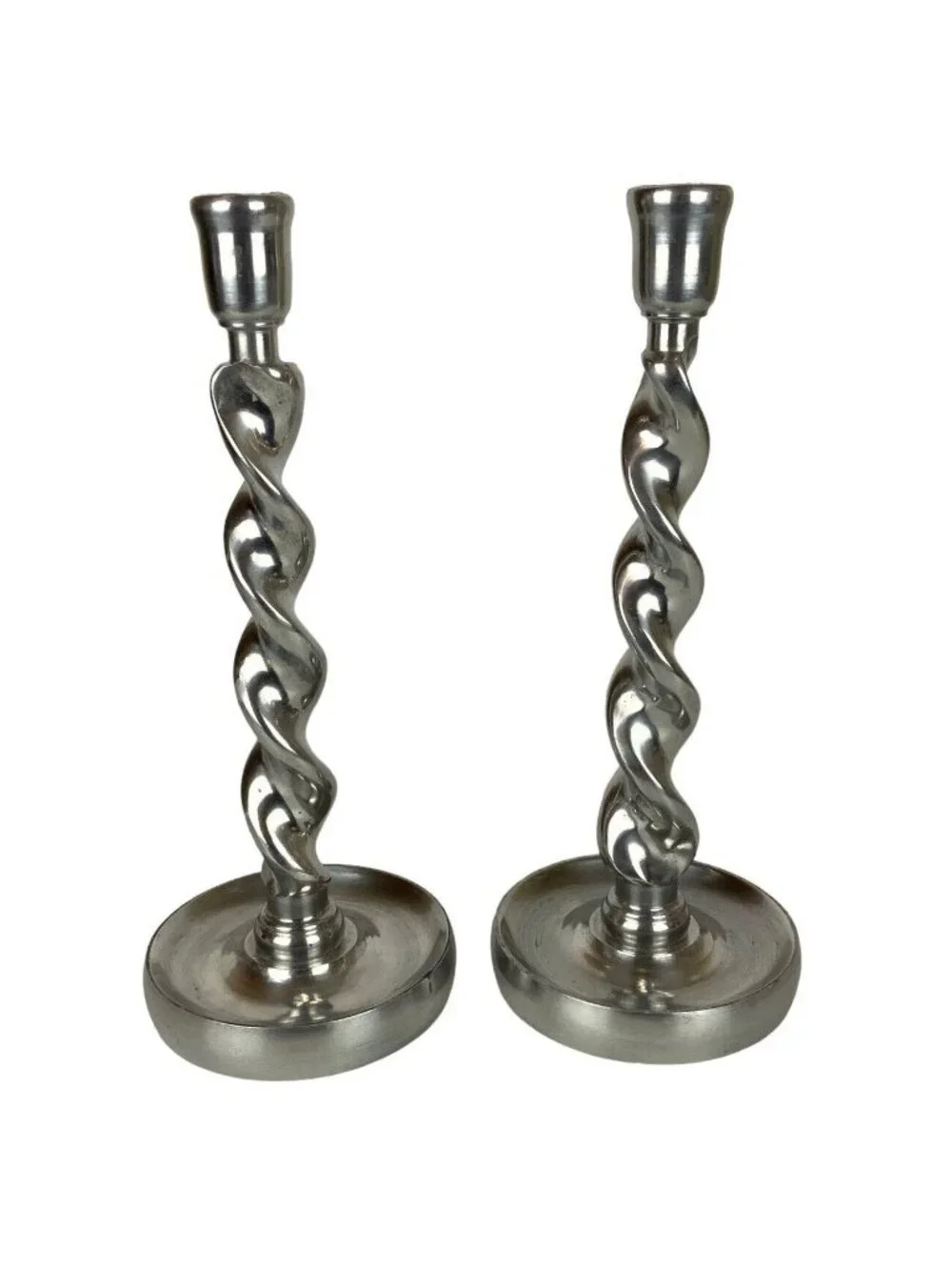 Arthur Court Barley Twist Candlesticks Holders Pair Shiny Pewter Aluminum 1987
